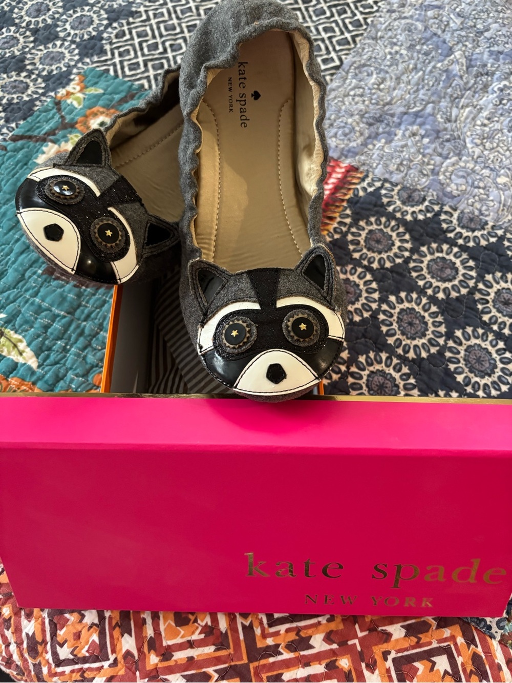 kate spade Gray and Black Raccoon Appliqué Ballet Flats